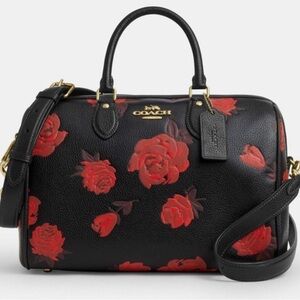 Coach red flower  print large black Rowan new with tag